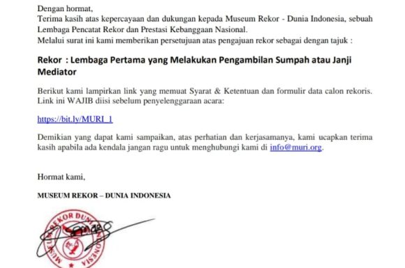lhamdulilah DEWAN SENGKETA INDONESIA (DSI) sudah memperoleh persetujuan REKOR sebagai Lembaga Pertama yang Melakukan Pengambilan Sumpah / Janji Mediator dari MUSEUM REKOR INDONESIA (MURI).